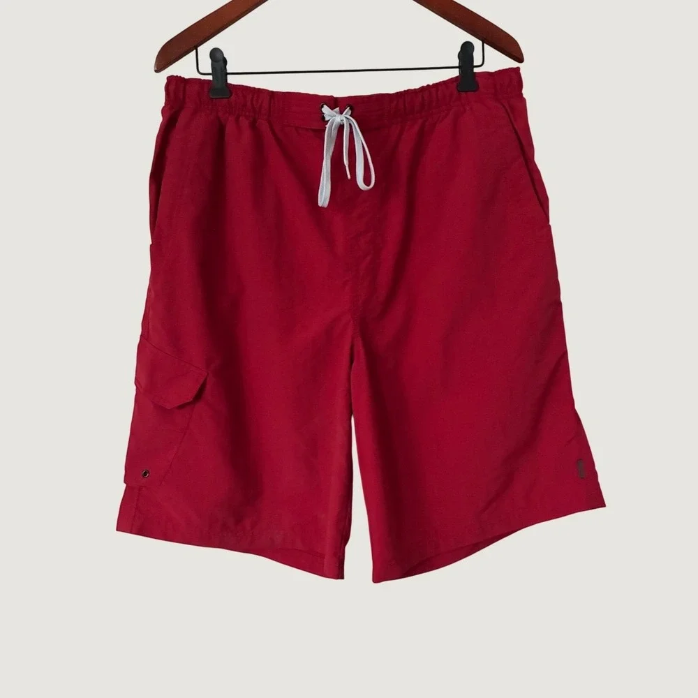 White Sierra Mens Red Cargo Swim Trunks Board Shorts Elastic Waist Mesh L